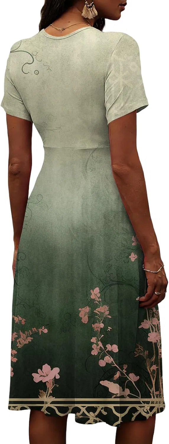Женское летнее платье миди с принтом, Casual, 4-Dark Green — фото 4
