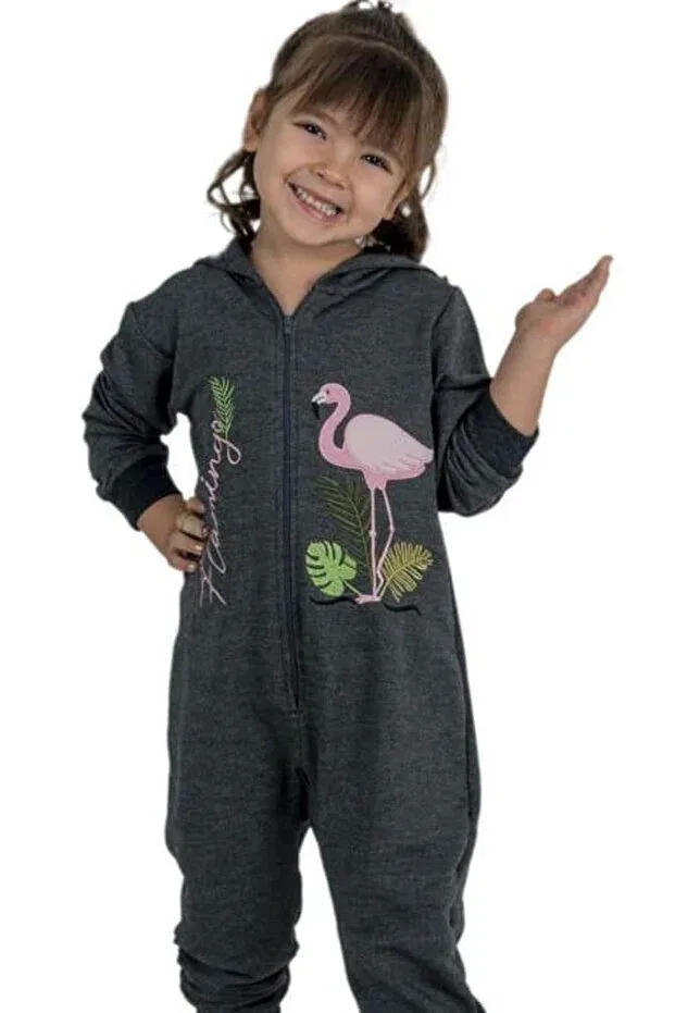 Детский комбинезон для девочек с принтом Flamingo printed baby girl smoked jumpsuit with zipper front and hood Riccotarz, Smoke Grey — фото 3