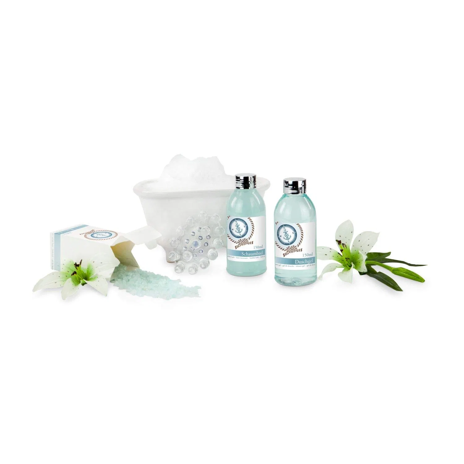 Набор для ванны Wellness Gift Set 5 предметов, Römer Wellness, 150 мл гель для душа, 150 мл пена для ванны, 200 г соль для ванны, массажная щетка, декоративная керамическая ванночка — фото 4