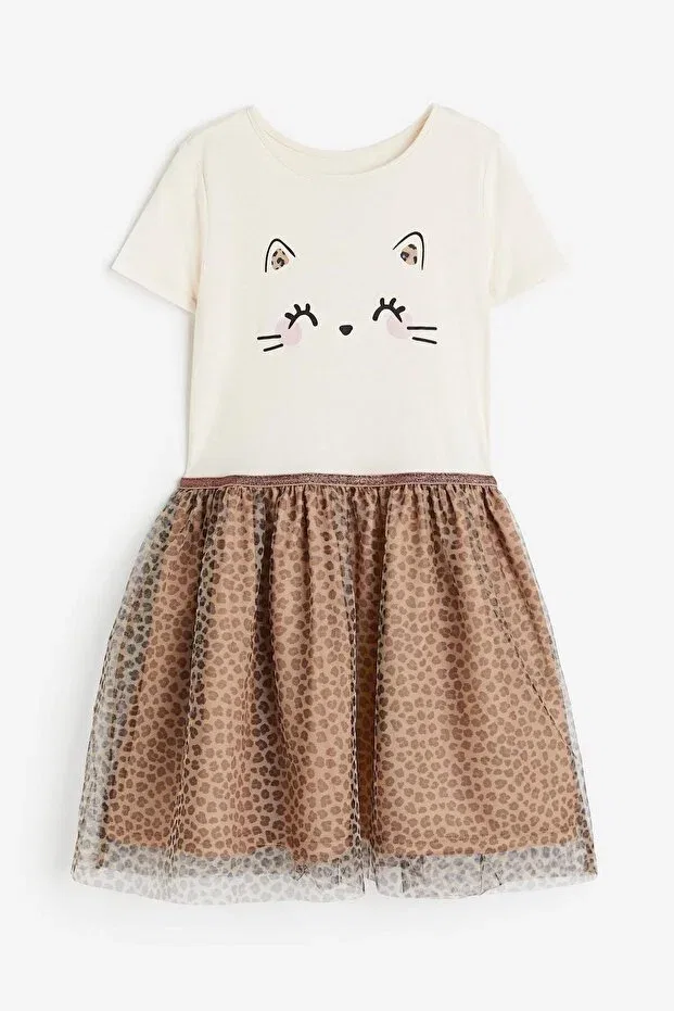 Детское платье для девочек с принтом Leopard Pattern Printed Tulle Short Sleeve Pink Hippo Kids, Open Leopard