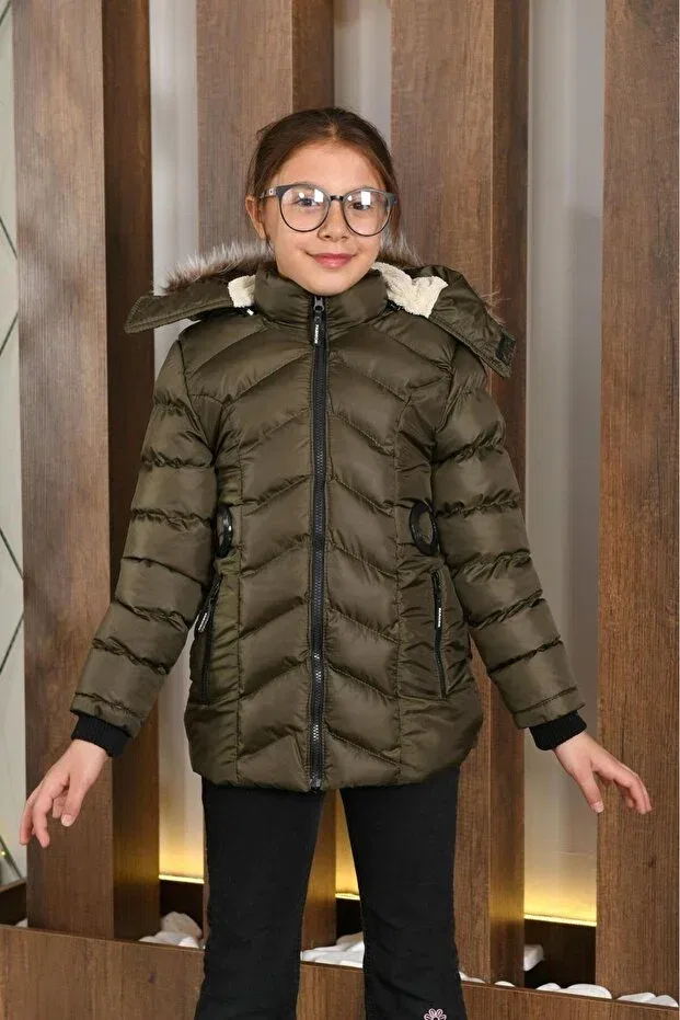 Детское пальто для девочек пуховое с меховым капюшоном Basics Lasgaris Jeans, Khaki