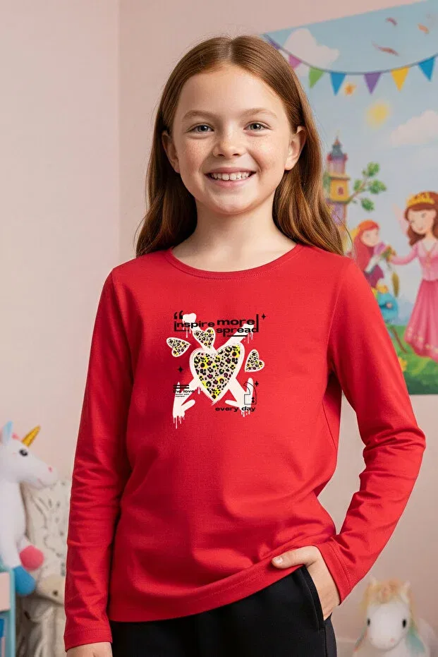 Детские свитшот для девочек с принтом Round Neck Heart Printed Detail Ya Ko Kids, Red