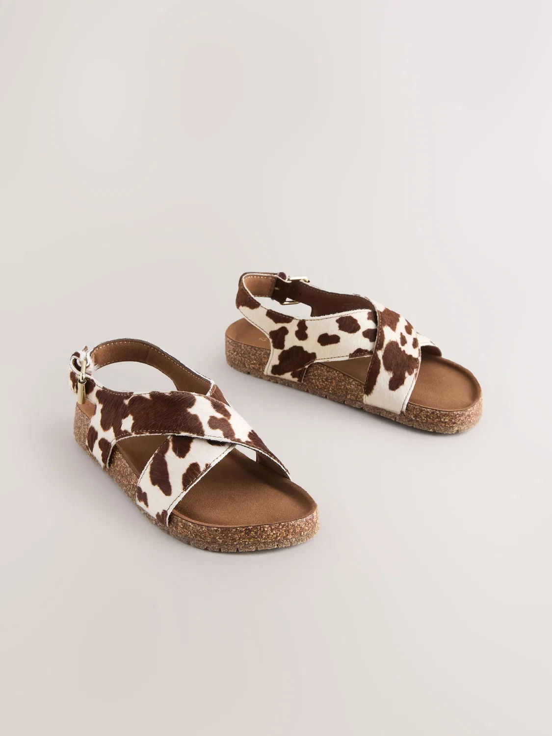 Сандалии с перекрестными ремешками, Leather Cow Print Next, Коричневый — фото 3
