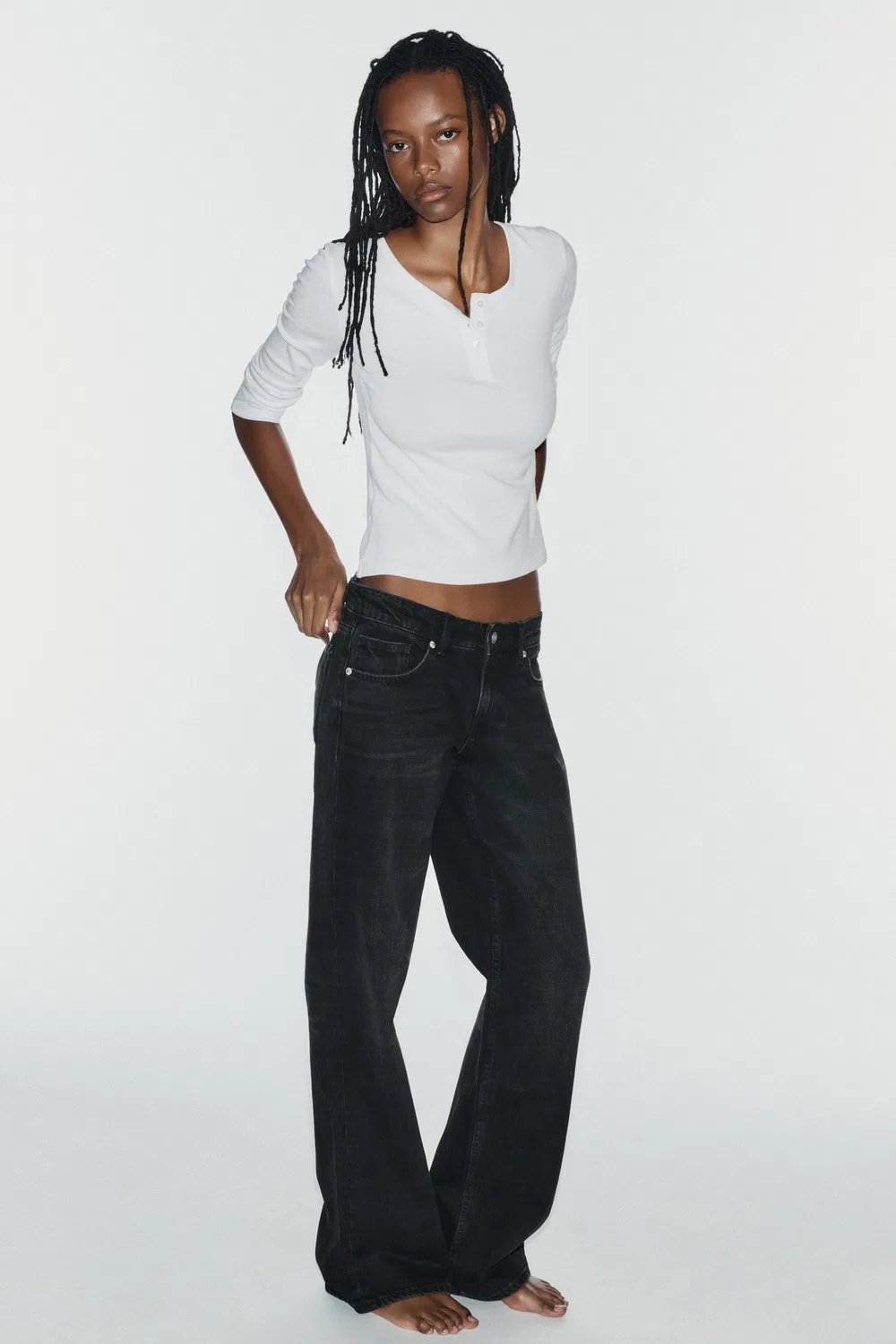 Джинсы TRF с низкой посадкой и широкими штанинами ZARA, Black
