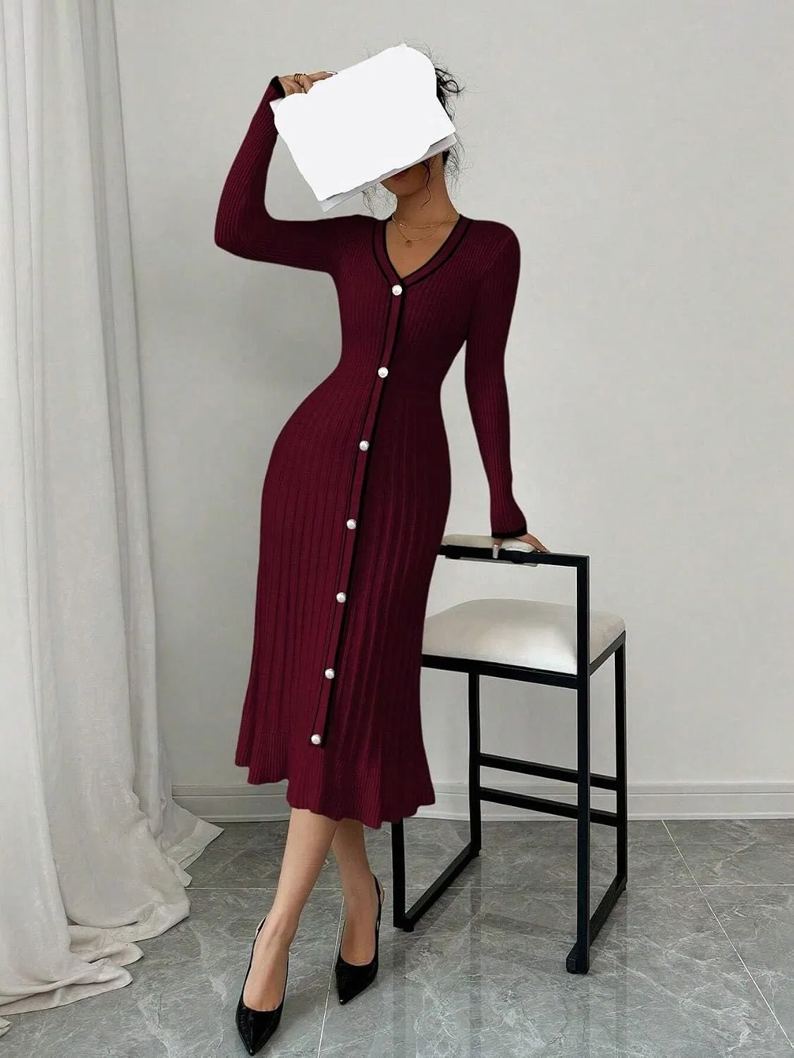 Женское элегантное платье-свитер с V-вырезом Burgundy — фото 2