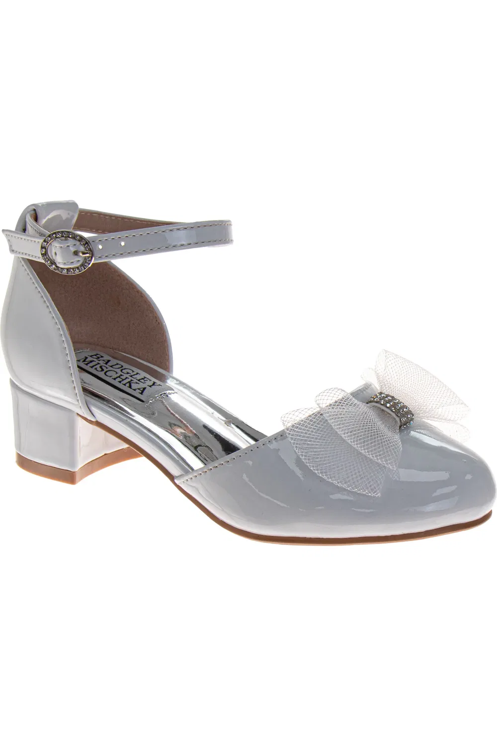 Туфли детские на низком каблуке с бантом Badgley Mischka Collection, White Patent
