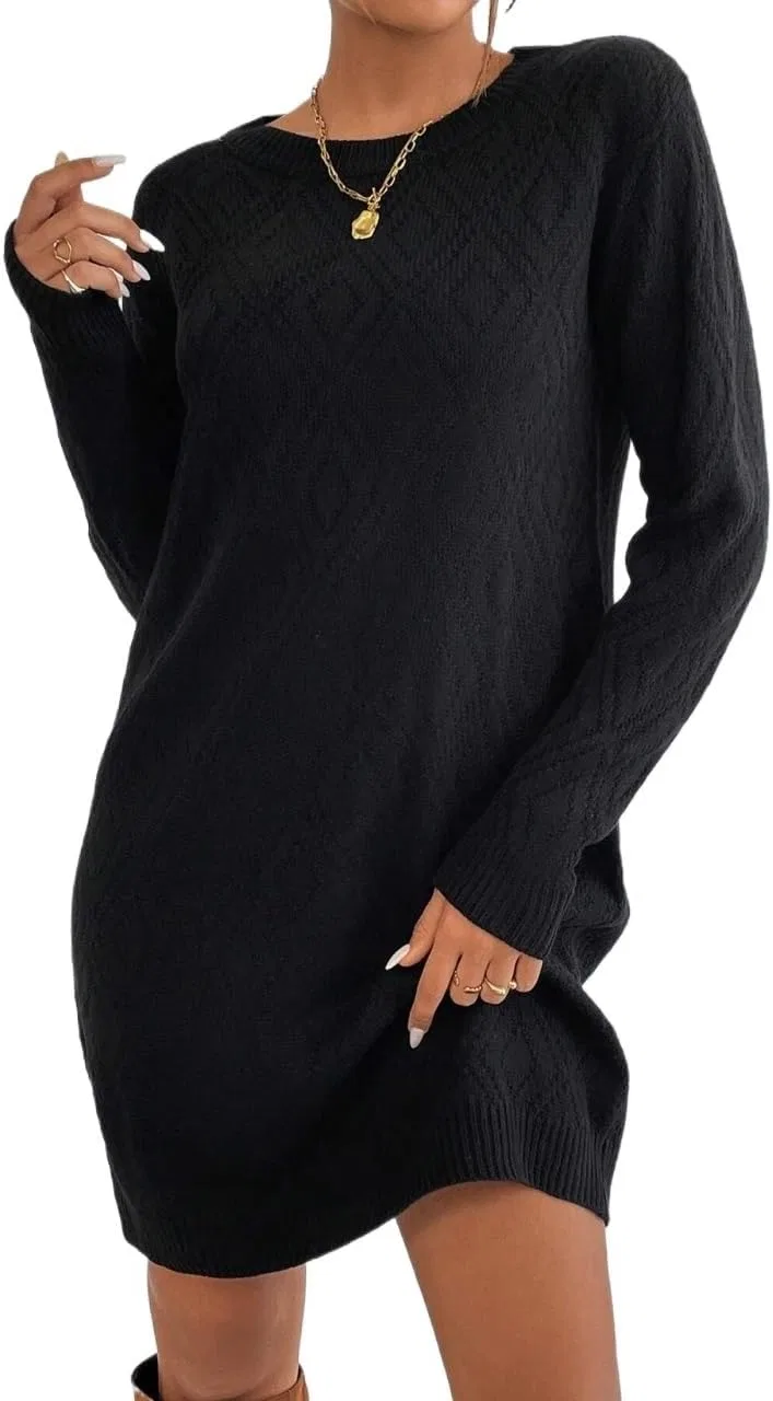 Женское короткое платье-свитер с круглым вырезом Solid, Black