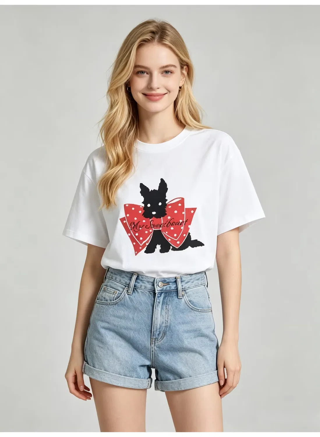 Футболка с коротким рукавом с принтом скотч-терьера и красного банта в горошек Zara, белый