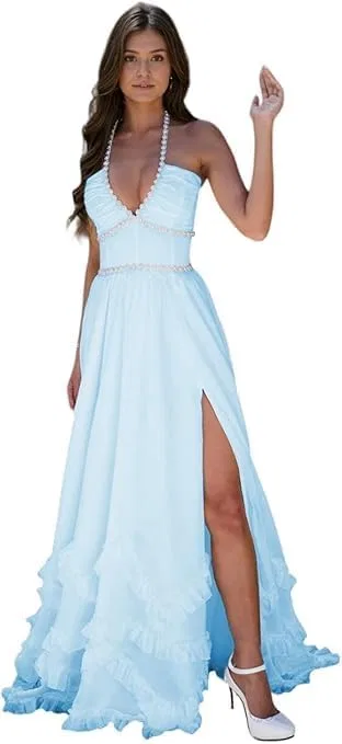 Женское вечернее платье с разрезом Chiffon, Sky Blue