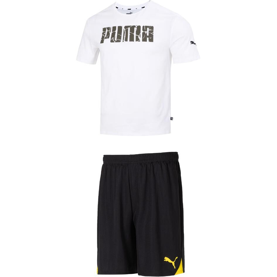 

Повседневный спортивный мужской комплект: белый топ и черные шорты Puma, белый