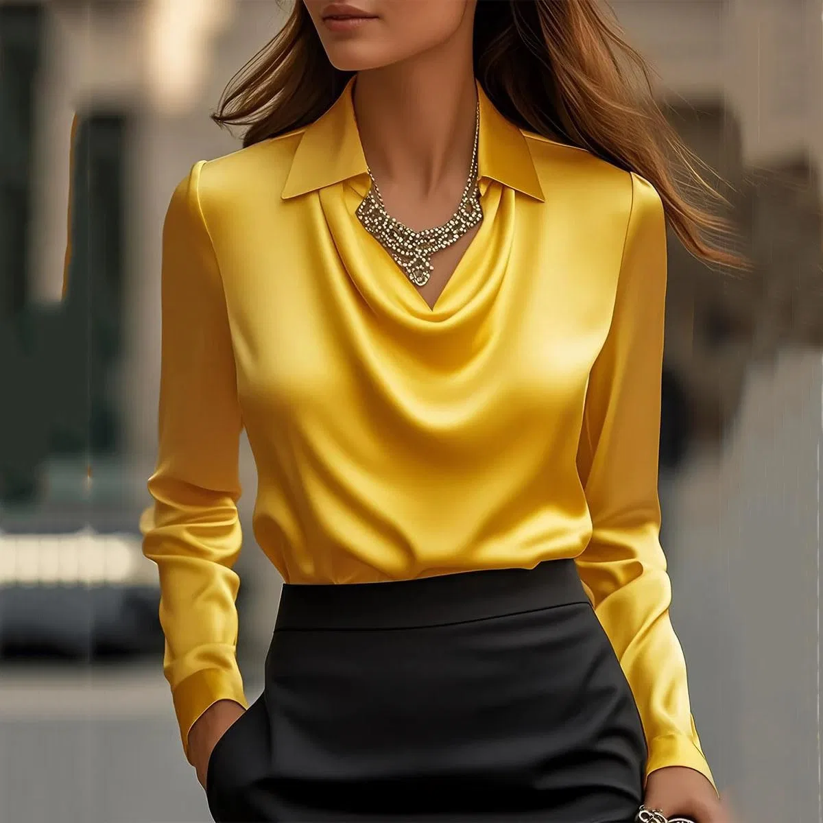 Женская блузка из атласа с длинным рукавом и капюшоном, Yellow — фото 3
