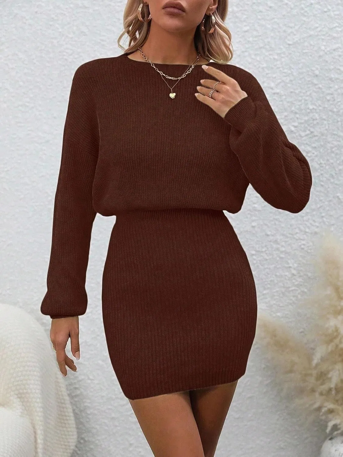 Женское повседневное платье с вязаным узором, Coffee Brown — фото 4