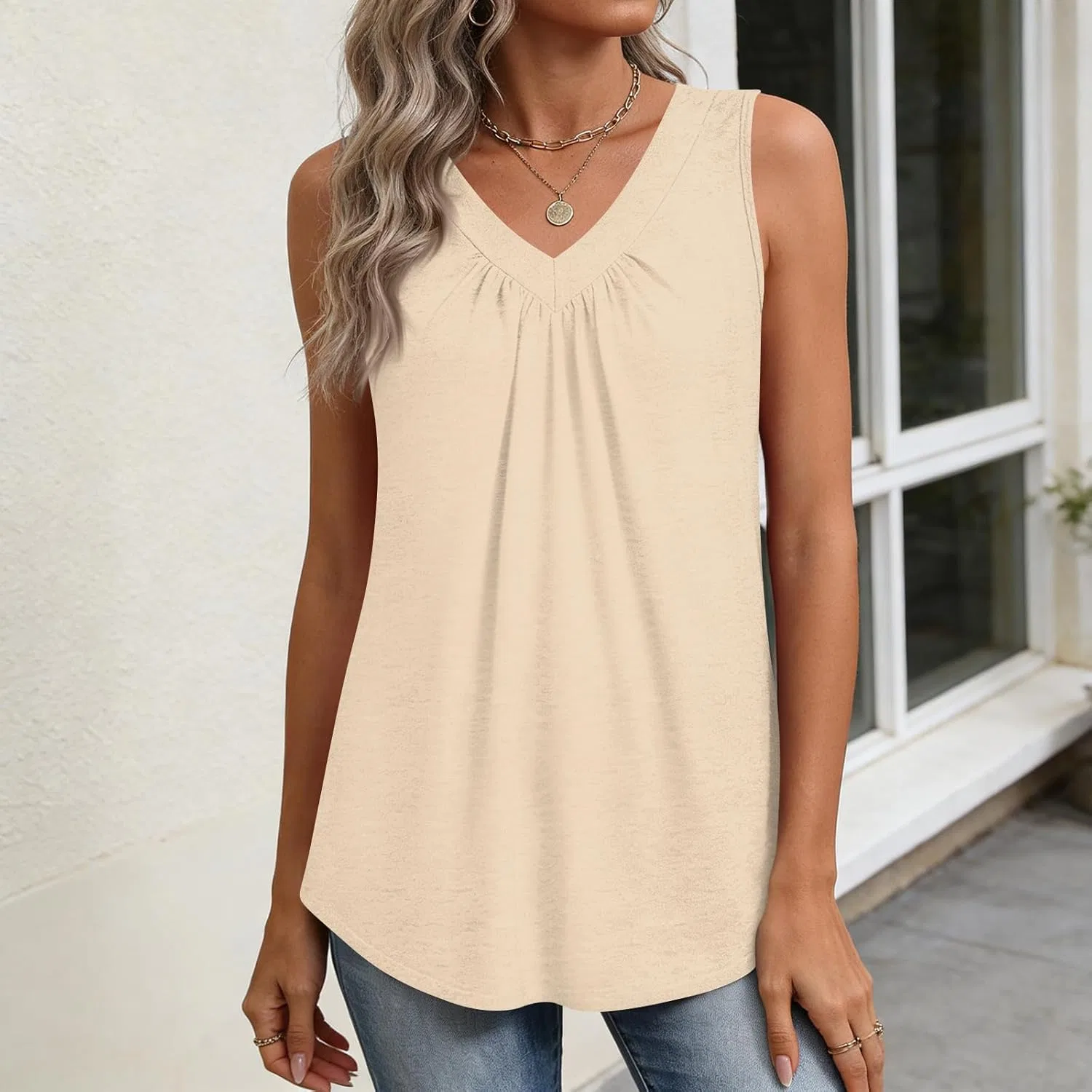 Женский топ V-образным вырезом, плиссированный, без рукавов, Polyester+Rayon+Spandex, бежевый — фото 4