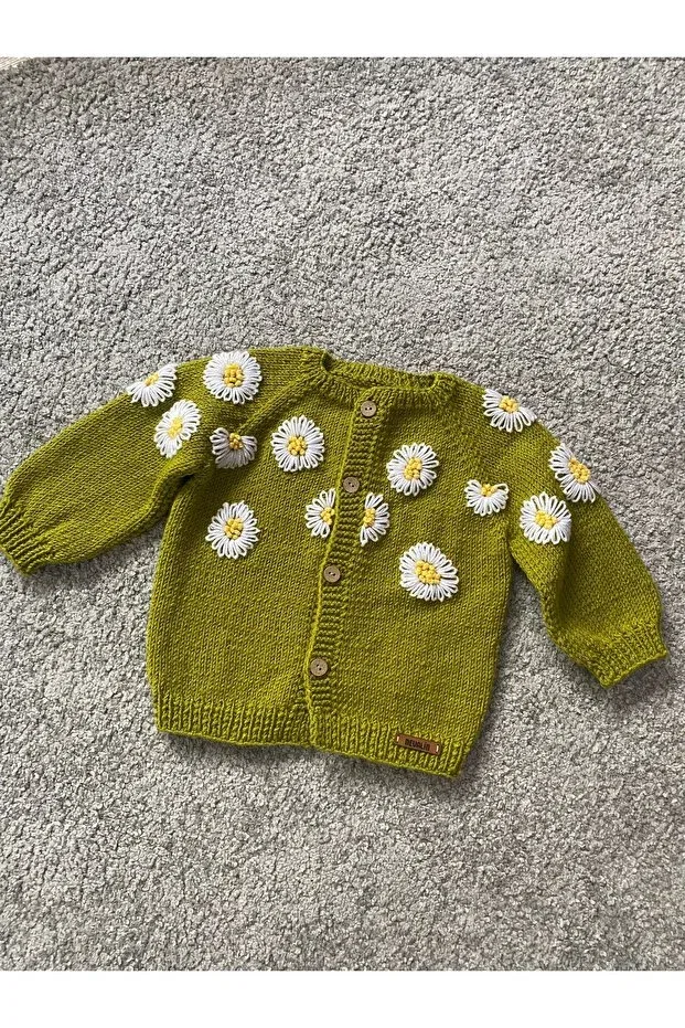 Детский кардиган с ручной вышивкой Hand Knitted Daisy Embroidered Nevalin, Green — фото 4