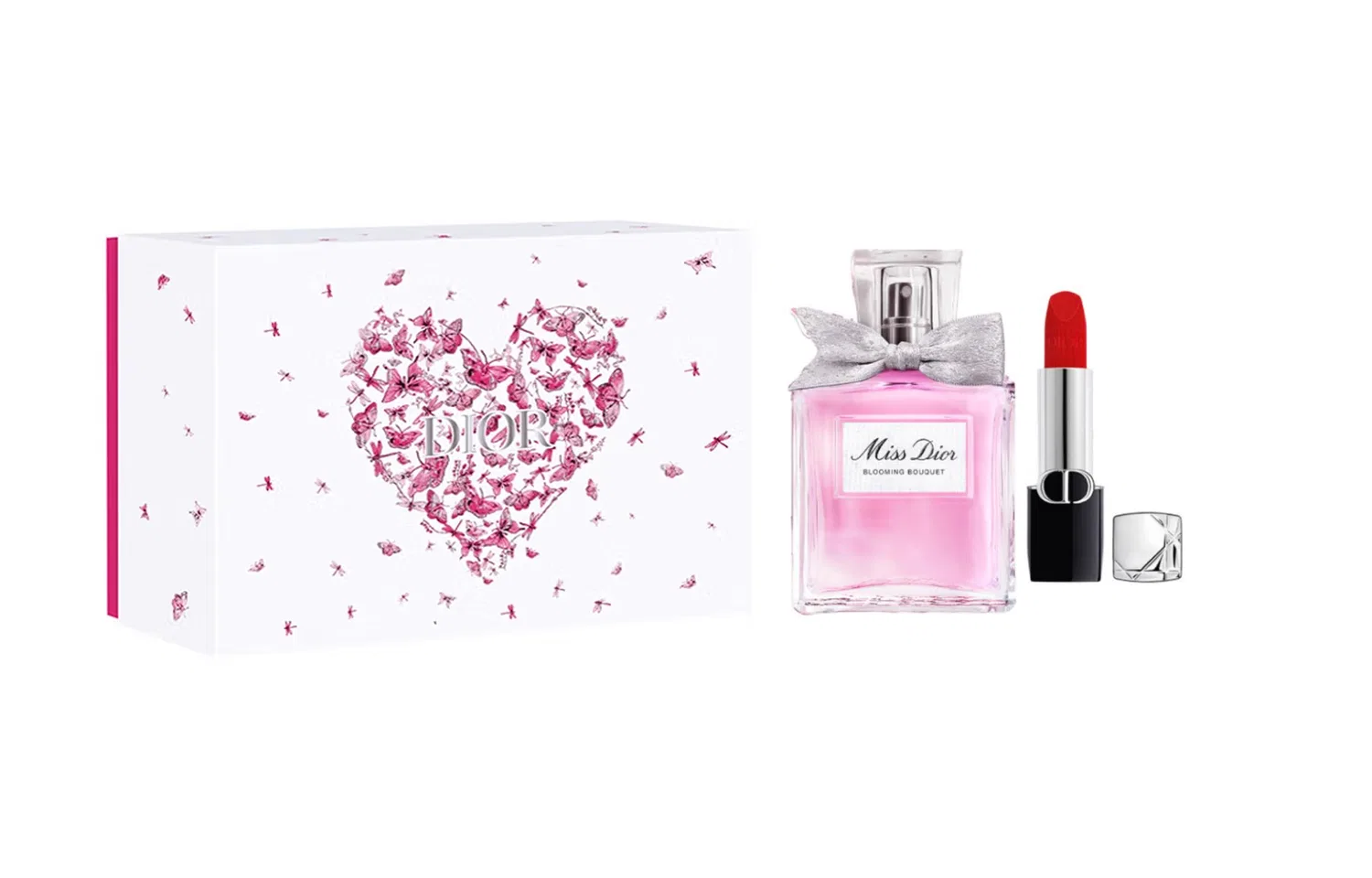 Женский подарочный набор Miss Dior Floral Eau De Parfum 30мл и J'adore Blue Gold Lipstick #999 3.5г, DIOR, Pink Butterfly Box Limited Edition