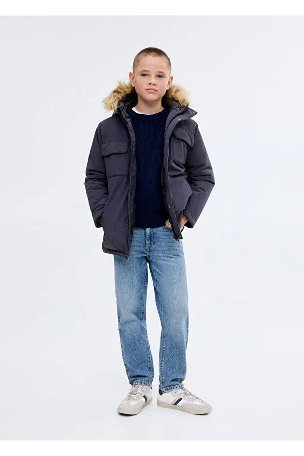 Детское пальто для девочек зимнее с капюшоном Mango Kids, Navy Blue