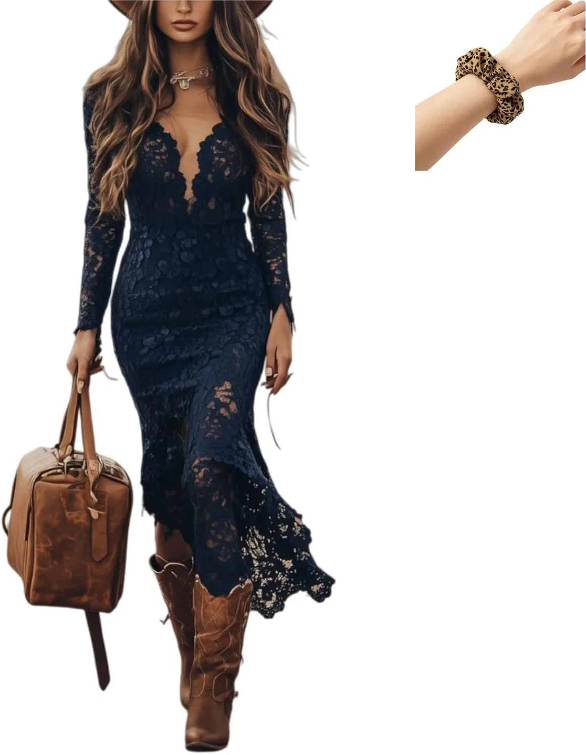 Женское платье миди с кружевными рукавами Vintage Bohemian, Dark Blue