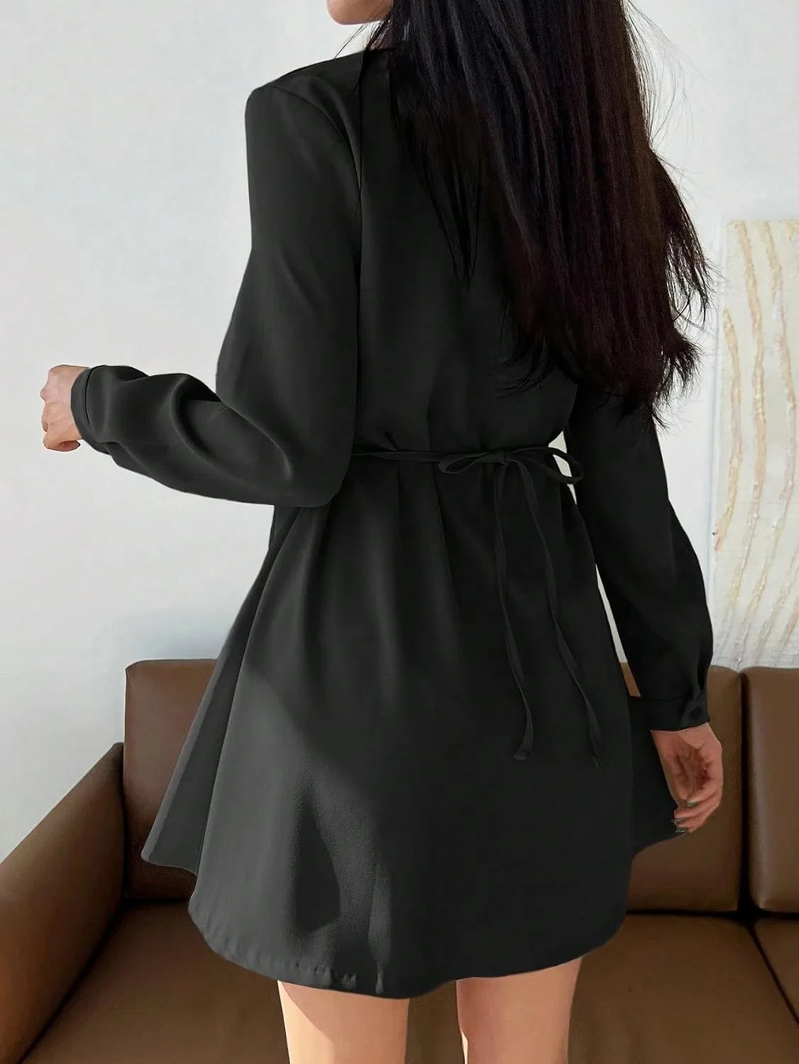 Женская повседневная рубашечное платье с длинным рукавом, Black — фото 2