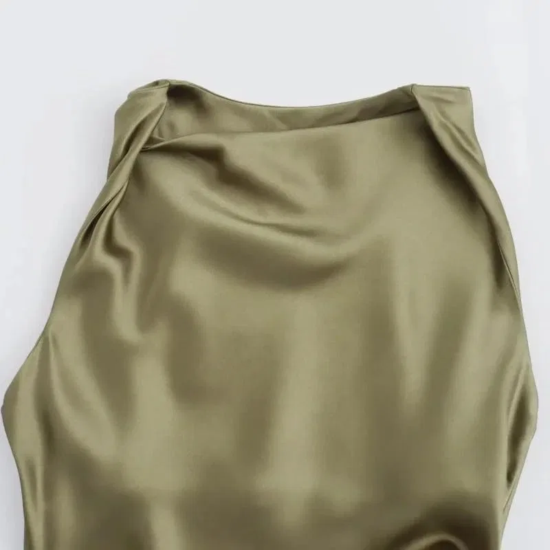 Женское сатиновое платье миди A-силуэта, Beige — фото 4