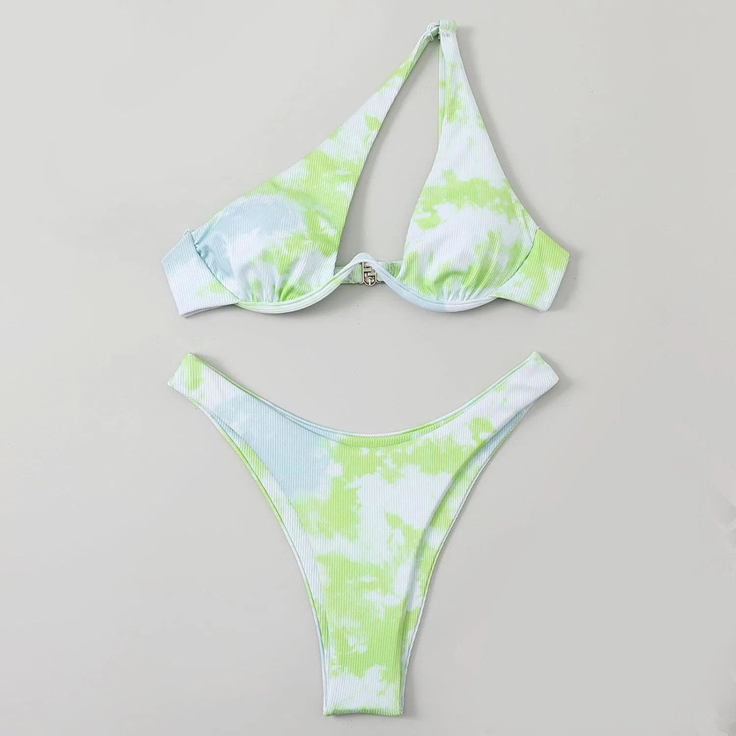Женский бикини-комплект с одним плечом с вырезами Tie Dye, Green — фото 3