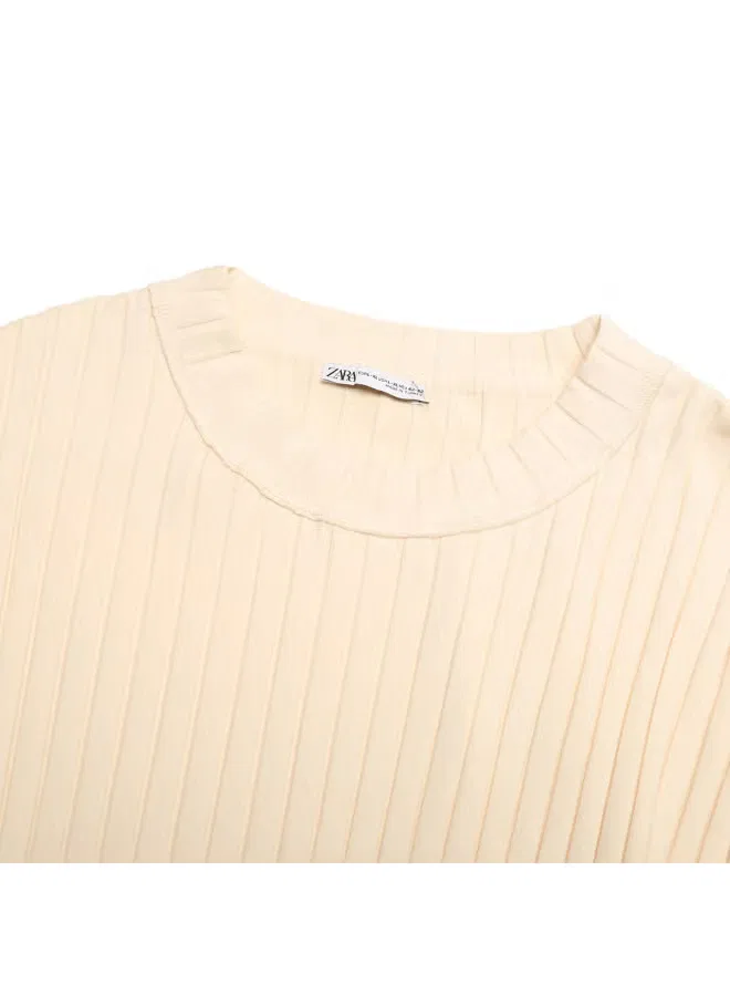 Свитер с полосами relaxed stretch cotton-blend long sleeve knit Zara, бежевый — фото 4