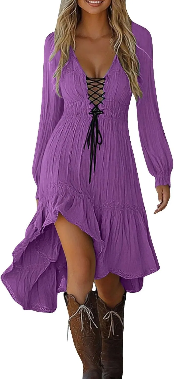 Женское ковбойское платье с кружевной шнуровкой, Purple