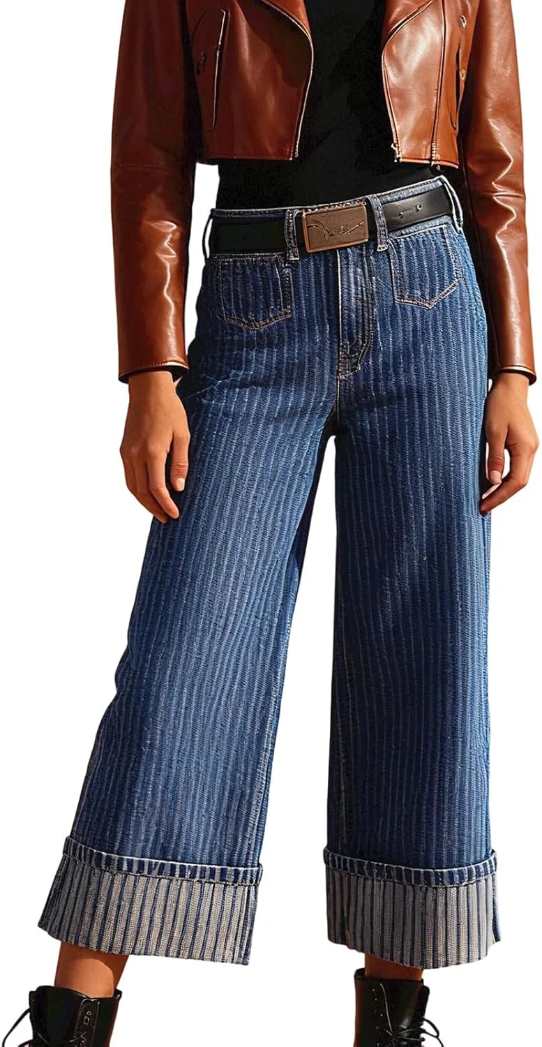 

Женские джинсы ретро с широкими штанинами в вертикальную полоску