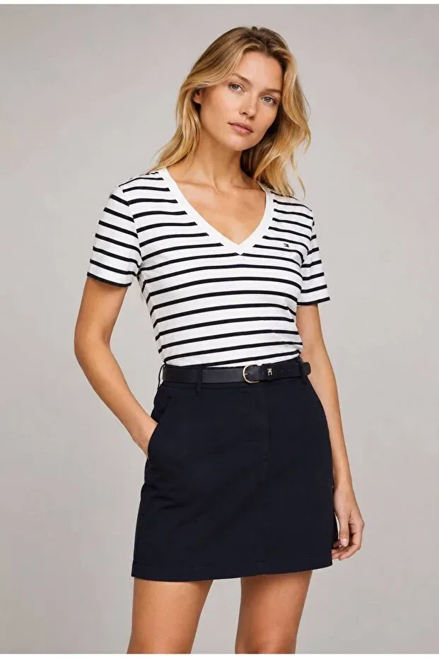 Женская футболка с v-образным вырезом Tommy Hilfiger, White Black