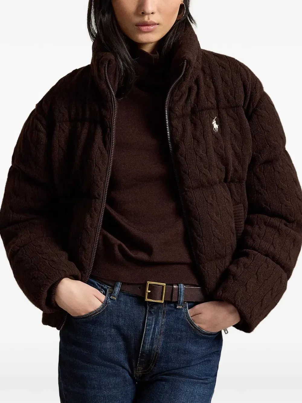 Трикотажный пуховик из шерсти и кашемира Polo Ralph Lauren, коричневый — фото 2