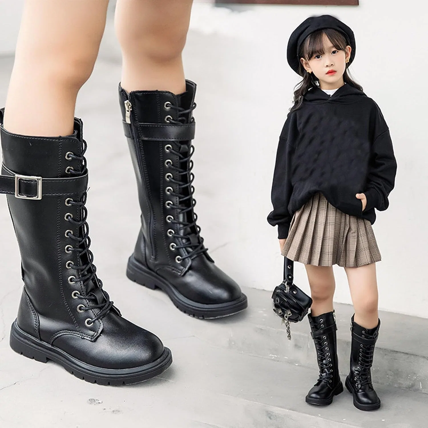 Детские ботинки на шнуровке с кружевом, модель Riding Boots, PU-кожа — фото 2