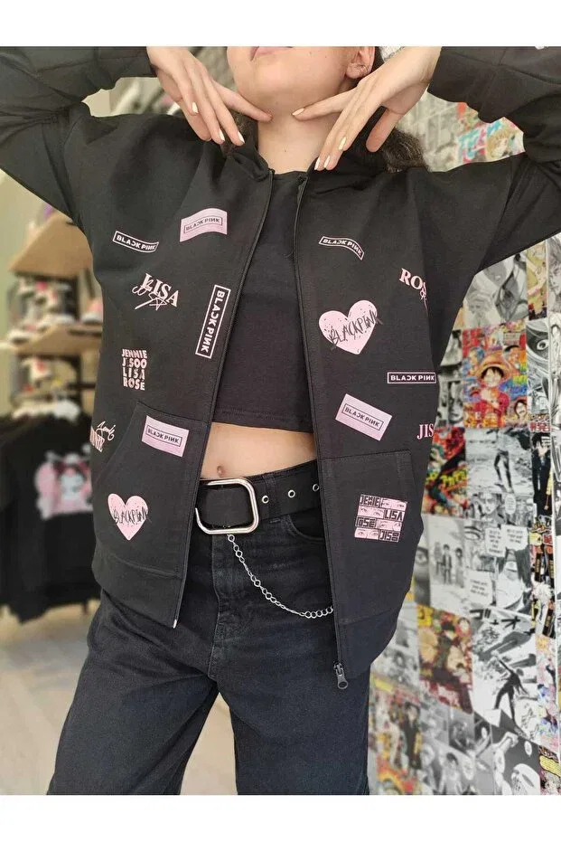 Детское худи для девочек с принтом Blackpink Mix Printed, Mech Butik, Черный