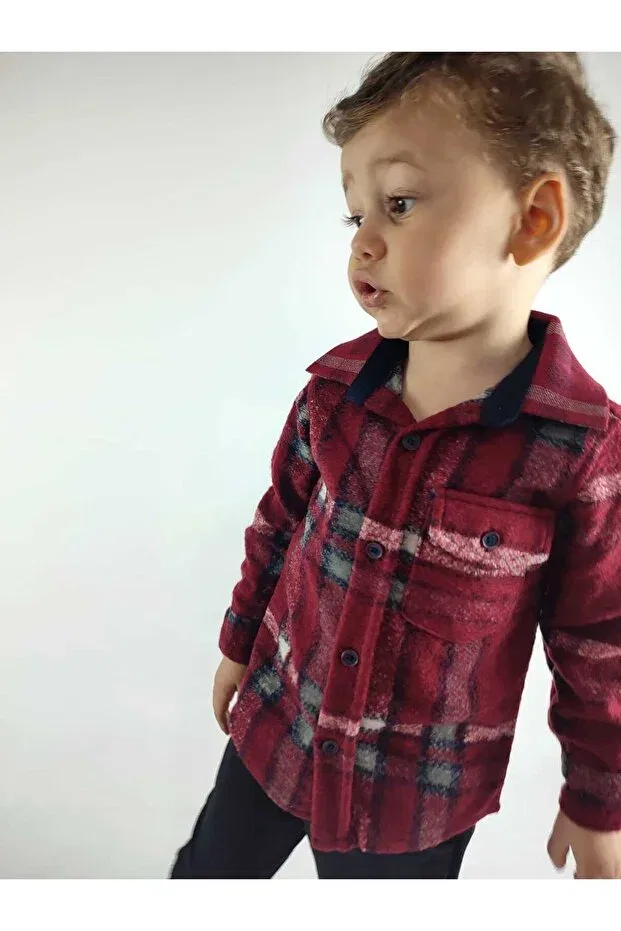 Детская рубашка для мальчиков с длинным рукавом Classic Long Sleeve Relaxed Fit Single Pocket Striped Winter Boy Lumberjack Shirt Gamzeakkuş, Red — фото 4