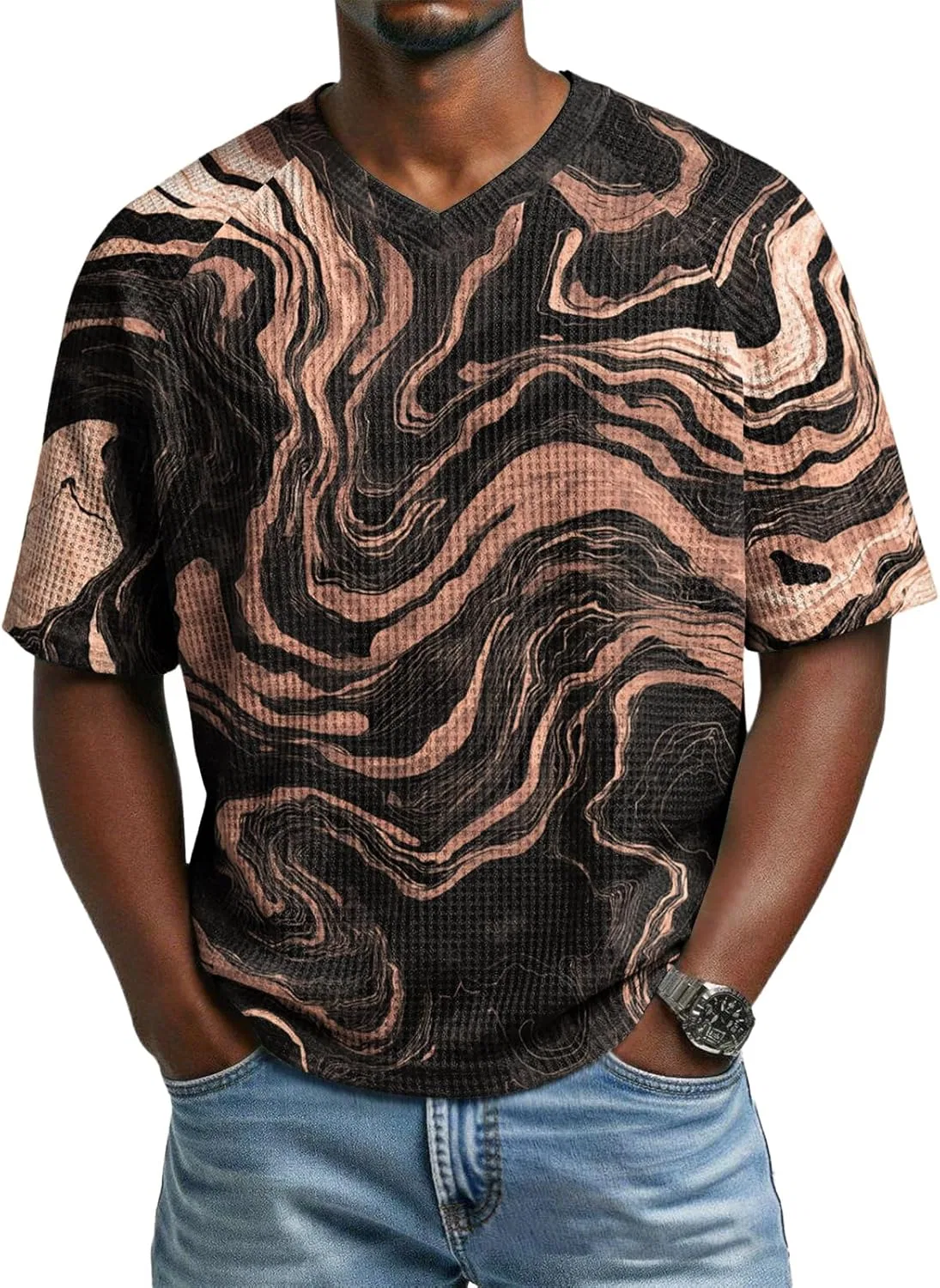 Мужская футболка вафельного трикотажа с V-образным вырезом, Summer Short Sleeve V Neck Contrast Casual Basic Tees, 2-light Brown — фото 2