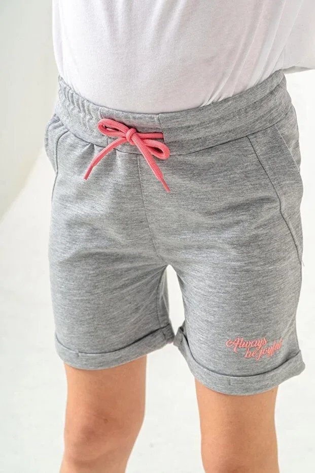 Детские шорты для девочек с вышивкой Always be joyful Mışıl Kids, Gray Melange — фото 4