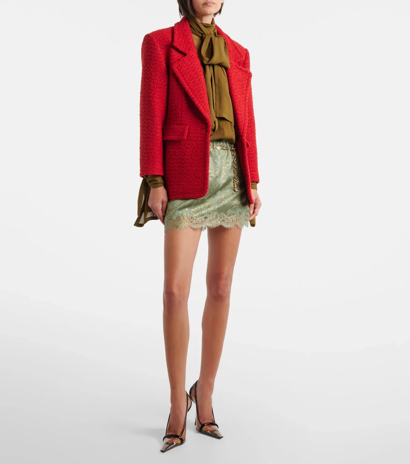Мини-юбка из жаккарда с кружевной отделкой Saint Laurent, зеленый — фото 2