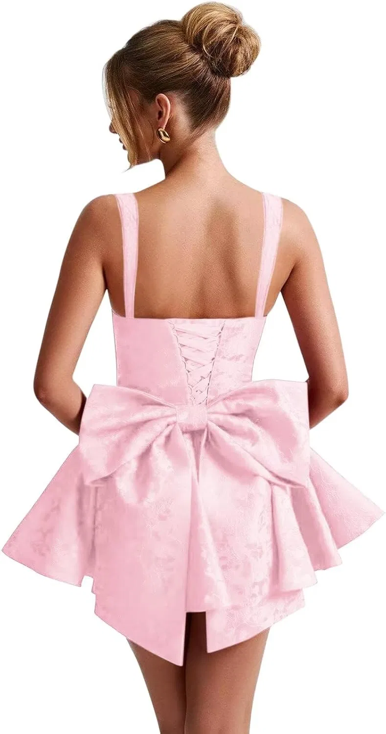 Женское коктейльное платье на бретелях с бантом A-Line, Pink