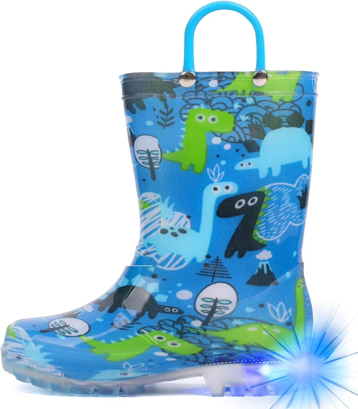 Детские сапоги для мальчиков со светящейся подошвой HugRain, Blue Green Dinosaur