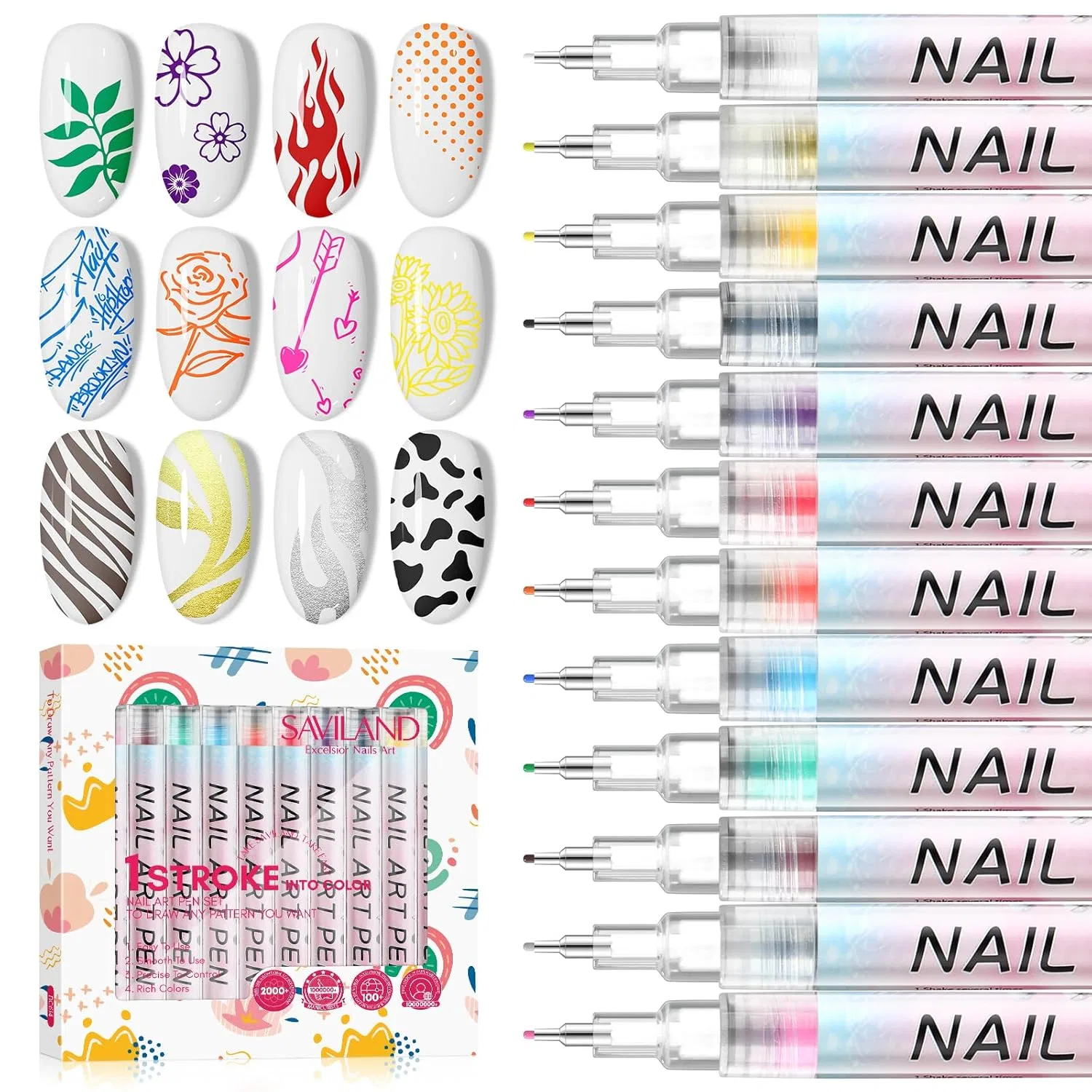 Набор из 12 ручек для 3D дизайна ногтей Saviland Saviland, A-12 Colours Nail Art Pens
