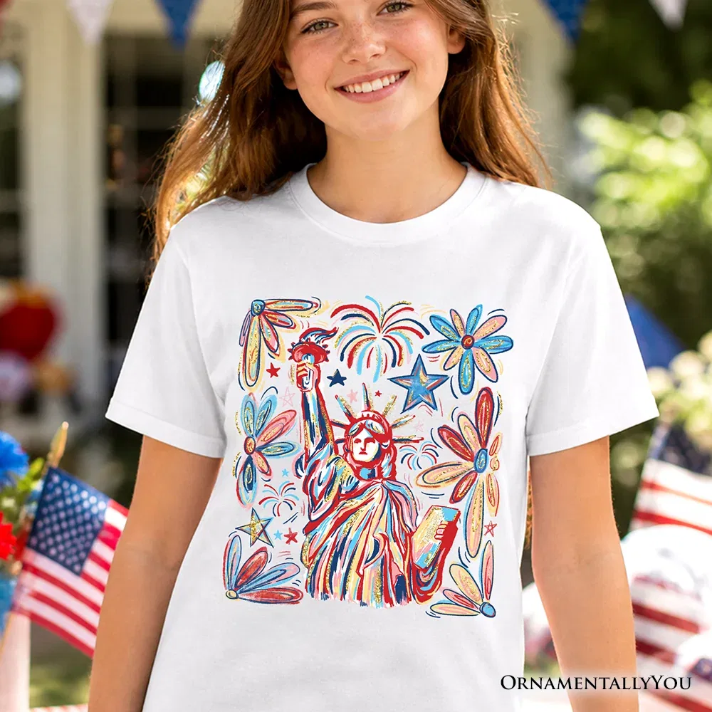 Детская футболка с принтом Statue of Liberty Patriotic Independence Day Tee OrnamentallyYou, White — фото 2