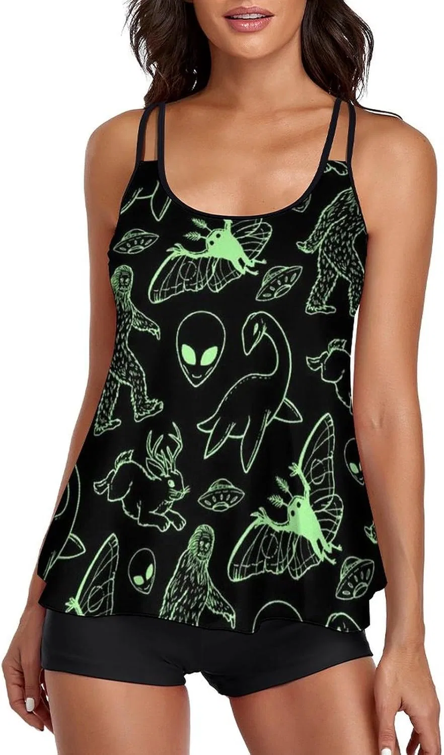 Женский танкини-комплект с рисунком Bumblebee, Green Lines Cryptid Pattern-3
