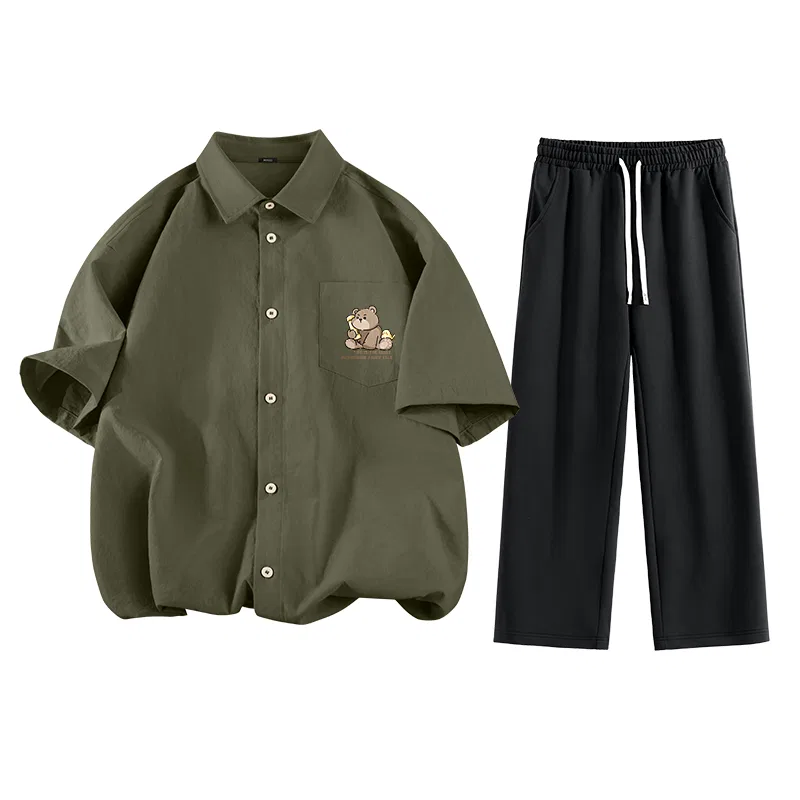 Детский комплект рубашек для мальчиков и девочек MINISO, Army Green (Cell Phone Bear Chest Logo)+Black (Blank)