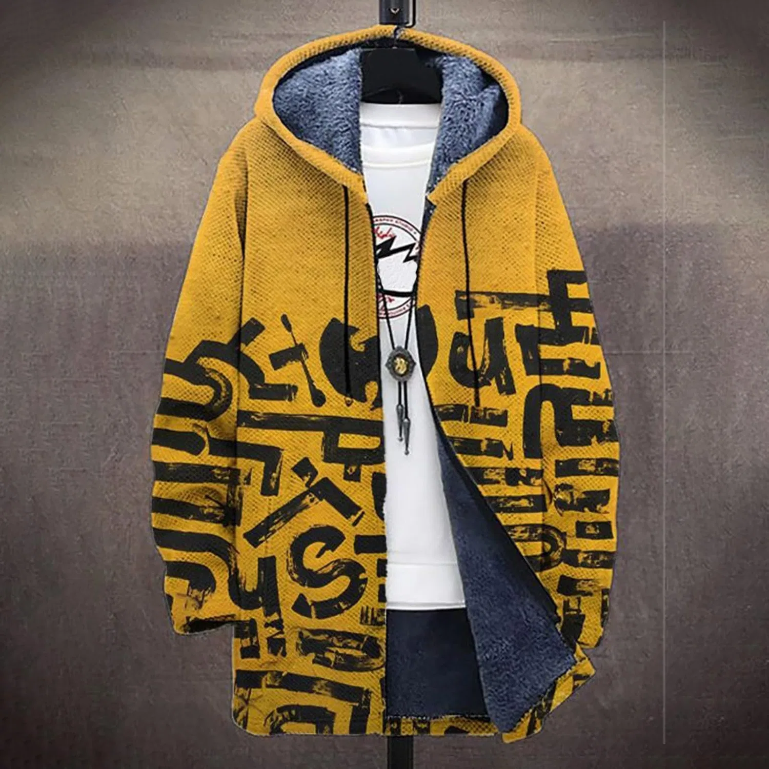 Мужское зимнее пальто-кардиган с флисом, с воротником-стойкой, модель Crew Neck, Yellow-i — фото 2