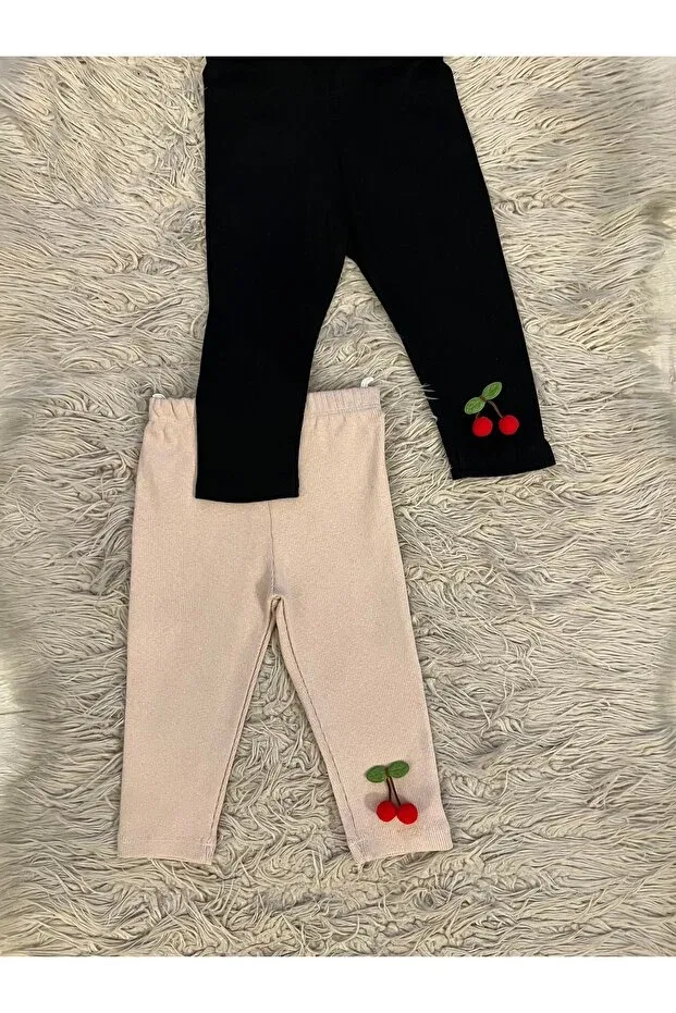Детские леггинсы для девочек с вышивкой Pack of 2 cherry detailed stretchy rib fabric girl's leggings Enes Baby, Beige Cherry
