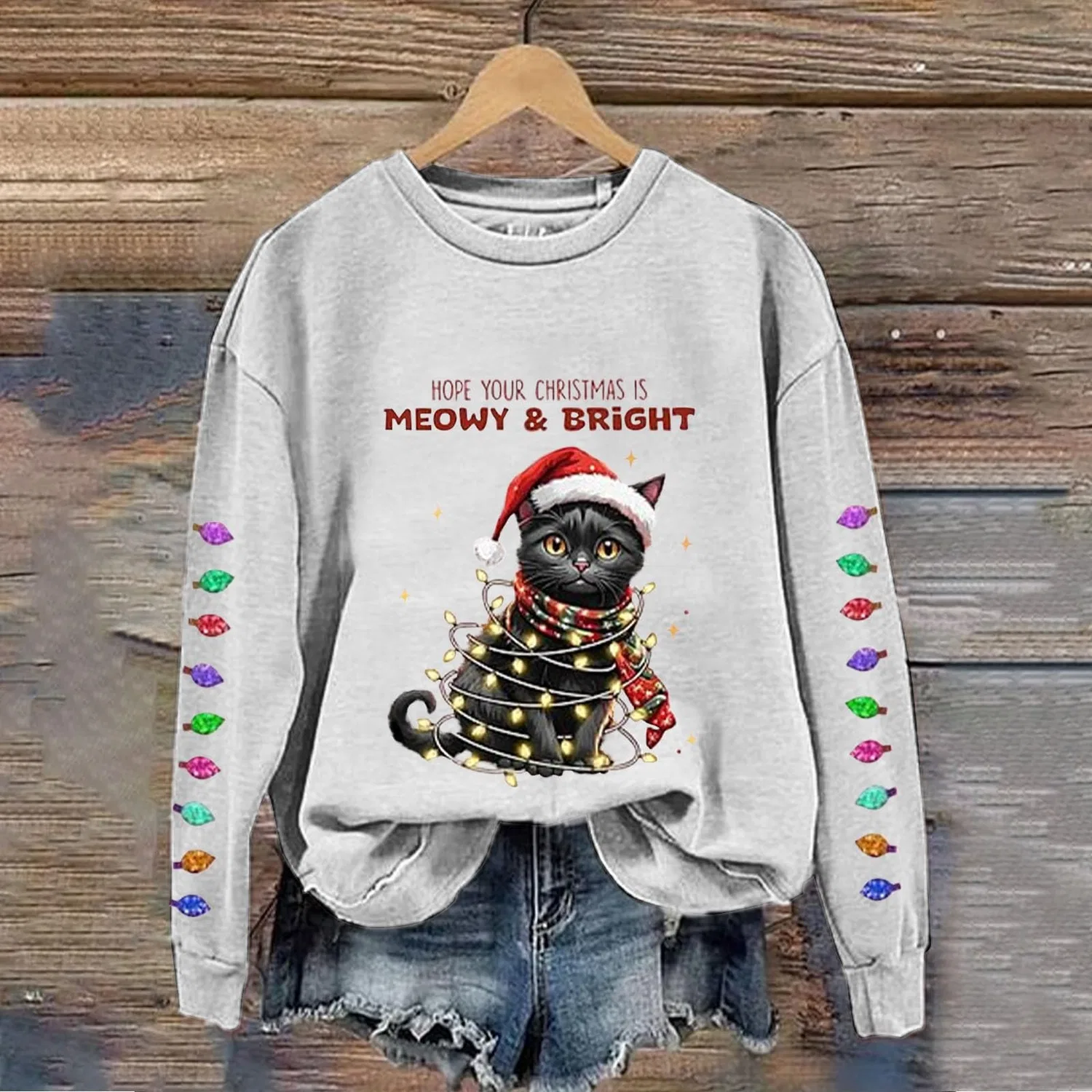 Женский свитшот с принтом Christmas Tree Funny Cat Say What Woman Pullover, Z03 White — фото 2