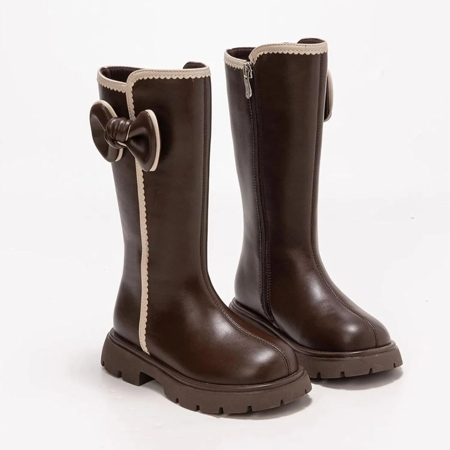 Детские ботинки для девочек с контрастной шнуровкой и бантом, модель Combat Boots, Brown — фото 3