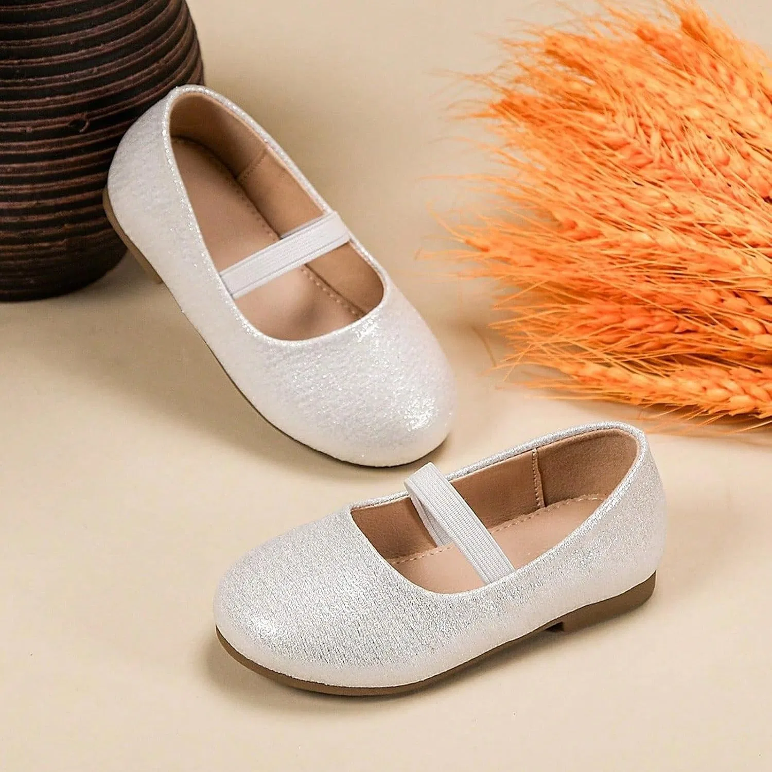 Детские туфли-балетки для девочек с цветочным принтом, модель Flower Leather Dress Shoes, бренд, Silver — фото 2