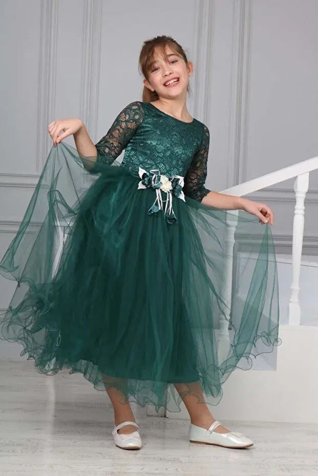 Детское платье для девочек кружевное с принтом Guipure Embroidered Jannock, Emerald