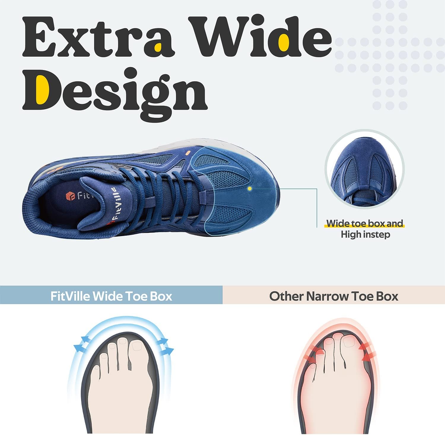 Кроссовки FitVille Wide для мужчин с плоскостопием, сверхширокие высокие с поддержкой щиколотки, синий — фото 3