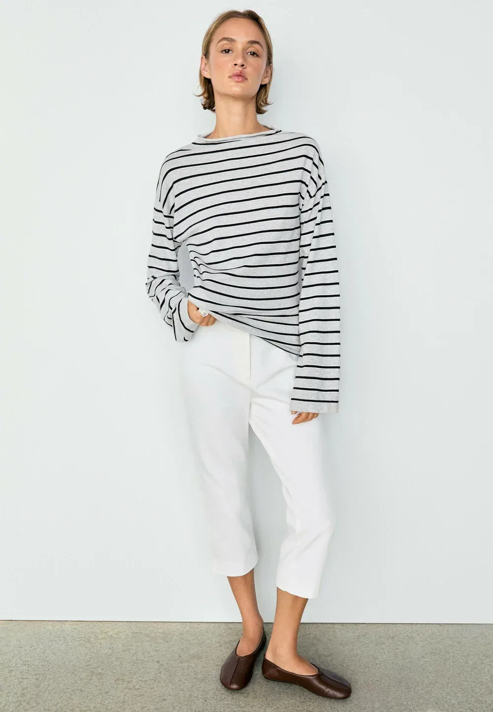 Вязаный свитер в полоску из 100% хлопка Massimo Dutti, Grey — фото 4