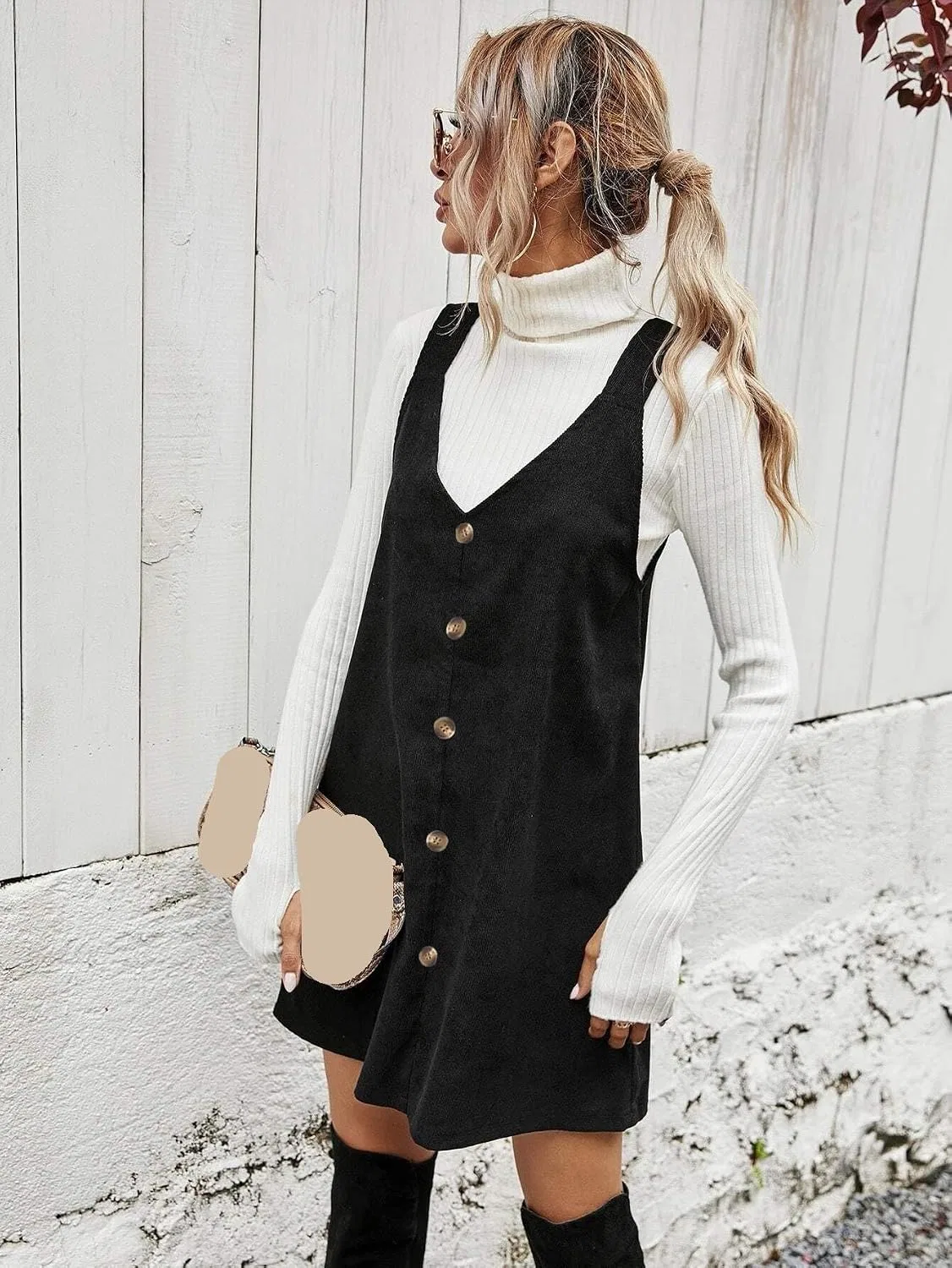 Женское повседневное платье-сарафан из вельвета Button Front, Black — фото 4